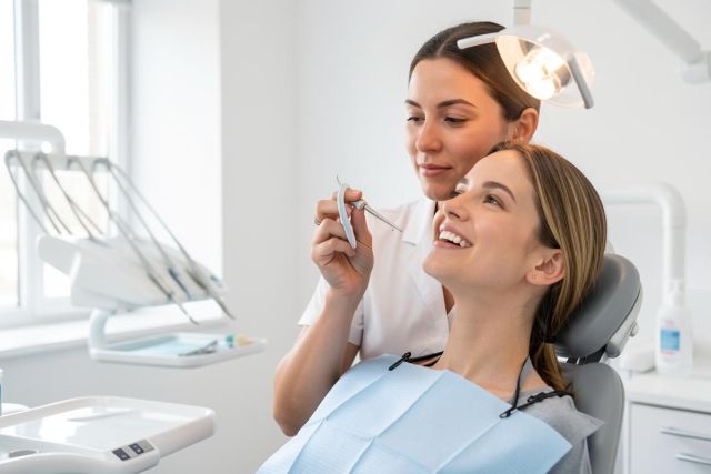 Dental patient smiling in chair while a dentist examines her teeth with a hand instrument in a bright clinic.