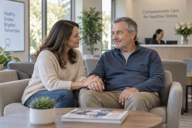 Older man and woman holding hands in a calm dental clinic waiting room, supportive companion.