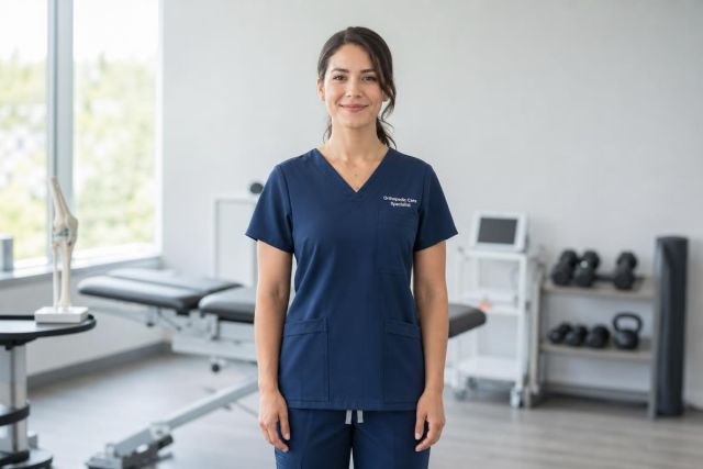 Orthopedic clinician in navy scrubs standing in a bright rehabilitation clinic with equipment.
