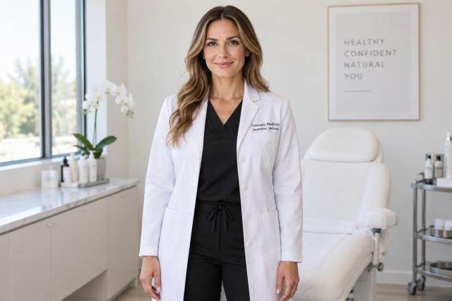 Female cosmetic clinician standing confidently in a bright treatment room with examination chair.