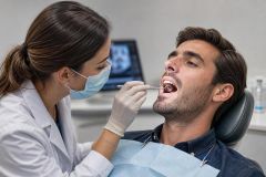 Dentist in mask examines patient's mouth in a calm dental clinic, monitor x-ray visible.