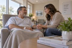 Patient in hospital gown holding hands with supportive companion in bright medical lounge.