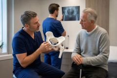 Orthopedic surgeon explaining hip anatomy to an elderly patient in a clinical consultation room.