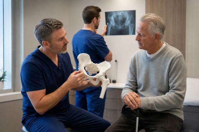 Orthopedic surgeon explaining hip anatomy to an elderly patient in a clinical consultation room.