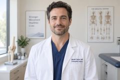 Orthopedic surgeon standing in bright exam room with knee model and anatomy chart.