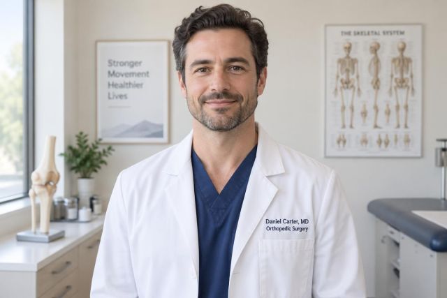 Orthopedic surgeon standing in bright exam room with knee model and anatomy chart.