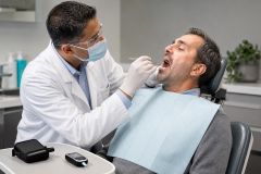 Dentist examining adult patient’s mouth in a clean dental clinic, demonstrating routine dental care.