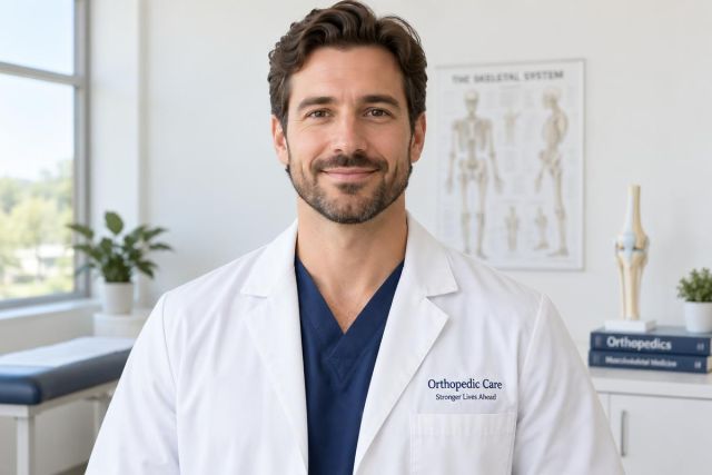 Confident orthopedic surgeon in clinic with knee model and skeletal chart behind.