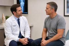 Orthopedic surgeon consulting a middle-aged patient in clinic with knee x-ray displayed.