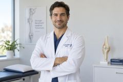 Smiling orthopedic surgeon in clinic with knee model, exam table, and educational poster.