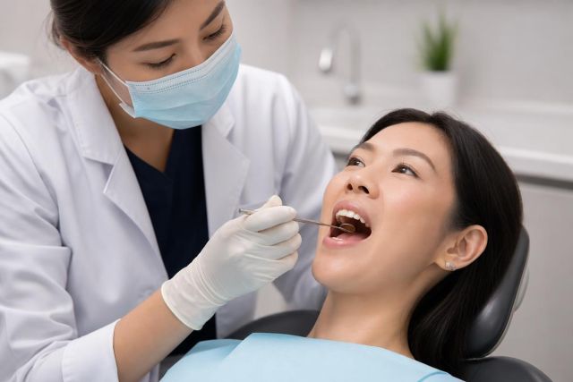 Dentist examining patient in dental chair with mouth open, dental mirror visible.