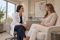Doctor in white coat consulting a patient in a calm cosmetic clinic consultation room.