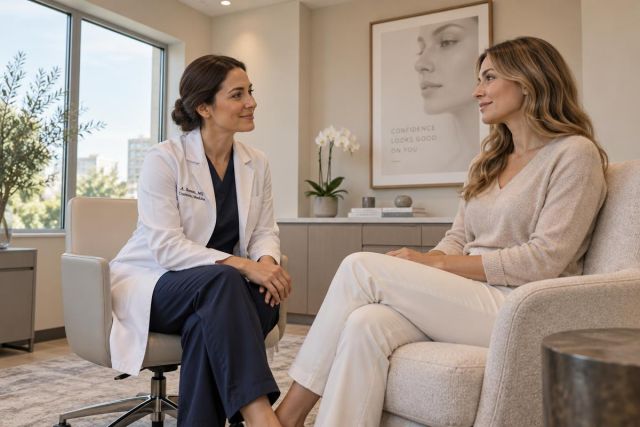 Doctor in white coat consulting a patient in a calm cosmetic clinic consultation room.