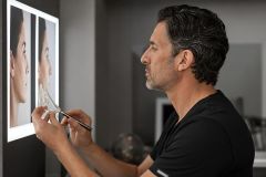 Clinician reviewing nasal profile photos and holding a nasal model in consultation room.