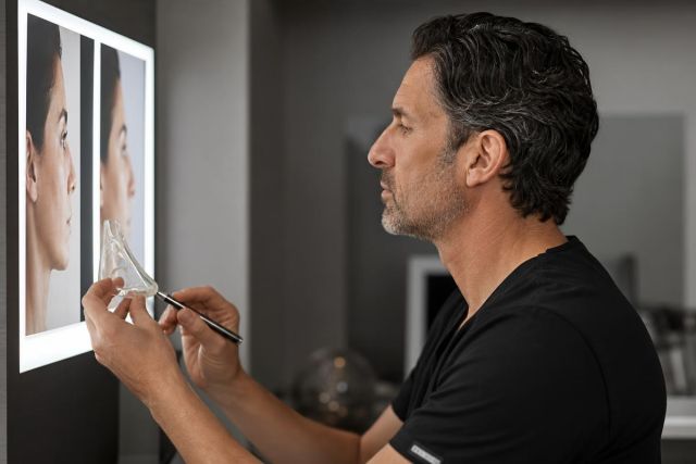 Clinician reviewing nasal profile photos and holding a nasal model in consultation room.