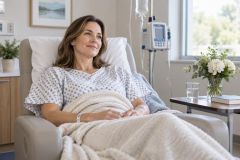 Patient reclining in a calm outpatient recovery chair with IV pump, blanket, and flowers nearby.