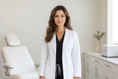 Female cosmetic clinician standing in a clean consultation room beside an examination chair.