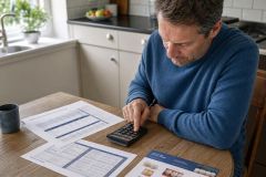 Man at kitchen table calculating dental crown costs using brochures, calculator, and documents.