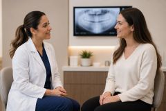 Dentist in white coat consulting a smiling patient with dental X-ray visible behind them.