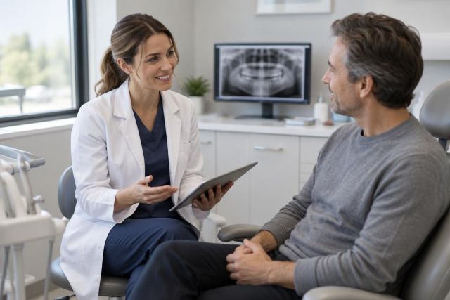 Dentist consulting patient in clinic with dental X-ray on monitor, discussing treatment options.