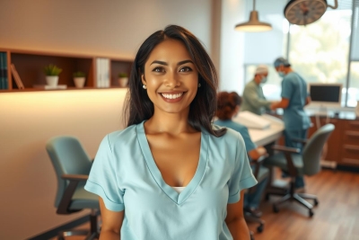 The image features a professional setting, likely a medical office. At the center stands a female doctor in blue scrubs and a white apron smiling at the camera. She is surrounded by other people, also in scrubs, who appear to be her team members engaged in their tasks. The environment is brightly lit with a modern design, including clean lines and neutral tones.