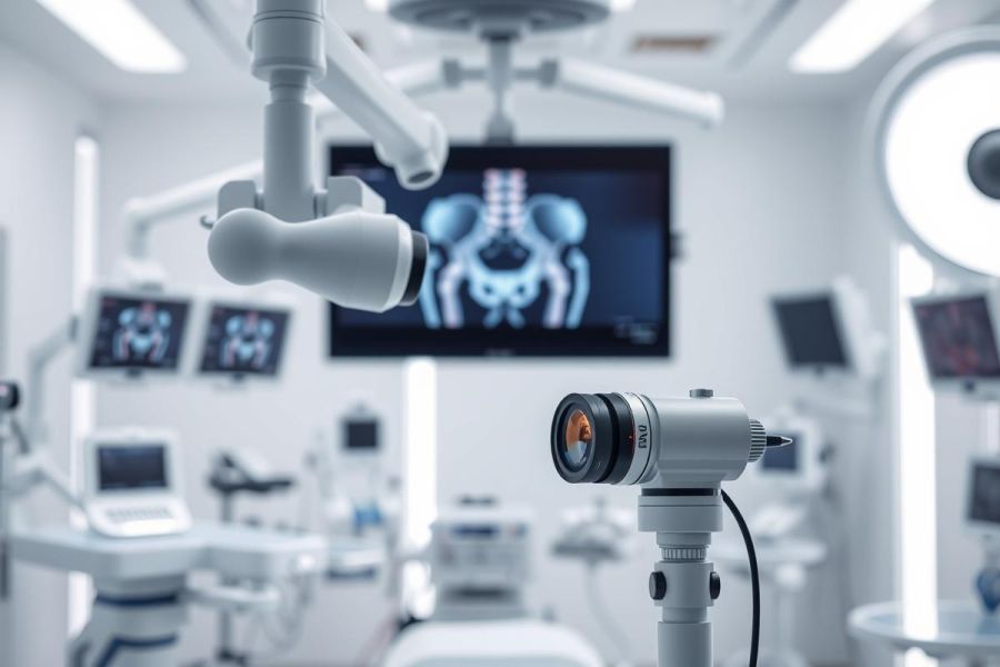 Modern surgical operating room with medical equipment, monitors displaying anatomical scans, and bright white lighting. Focus on a camera, suggesting advanced imaging or minimally invasive procedures. Healthcare technology and diagnostic imaging concepts.