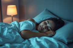 Young woman peacefully sleeping in a dimly lit bedroom. Soft blue and white tones create a calming atmosphere, with a warm bedside lamp providing gentle illumination. Focus on restful sleep and cozy bedroom ambiance.