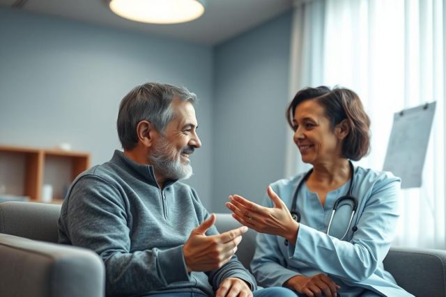 A healthcare professional consults with an elderly man in a home setting. The image depicts a doctor or nurse wearing scrubs, engaging in a conversation with a senior patient in a comfortable living room with soft blue tones. Focus on senior care, medical consultation, and home healthcare.