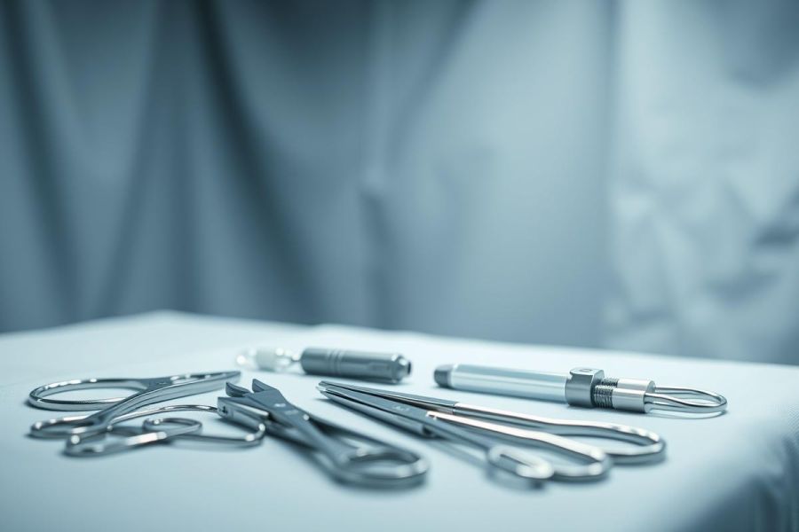 Surgical instruments laid out on a sterile surface. The image depicts stainless steel tools like scissors, forceps, and retractors against a blurred blue background suggesting an operating room or medical setting. The cool tones and shallow depth of field create a professional, clinical aesthetic.
