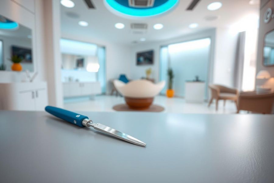 Close-up of a barber's razor on a workspace. A salon background with styling chairs and mirrors suggests a professional grooming environment. Predominantly blue and gray tones.