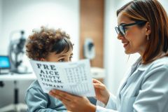 Optometrist examines a young child's vision with an eye chart in a bright, modern clinic. The scene features a friendly doctor and a curious child, showcasing a routine eye test. Focus on eye care, pediatric vision, and healthcare settings.