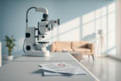 Microscope on a table in a bright, modern laboratory or office setting. White microscope, documents, and a blurred background with a couch and window. Blue and white color scheme, suggesting scientific research or medical analysis.