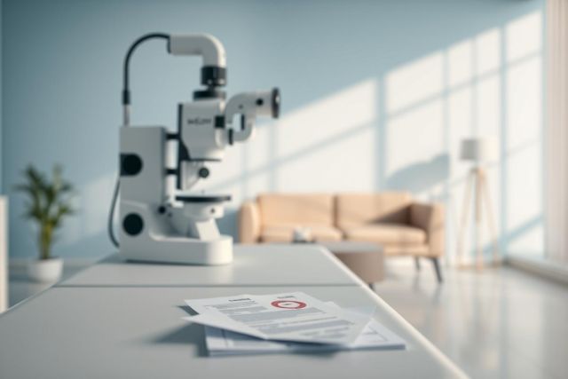 Microscope on a table in a bright, modern laboratory or office setting. White microscope, documents, and a blurred background with a couch and window. Blue and white color scheme, suggesting scientific research or medical analysis.