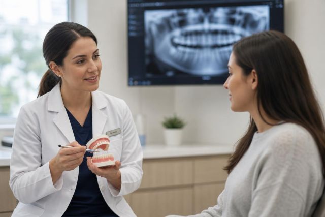 Dentist explaining partial dentures with dental model during a consultation in a clinical office.