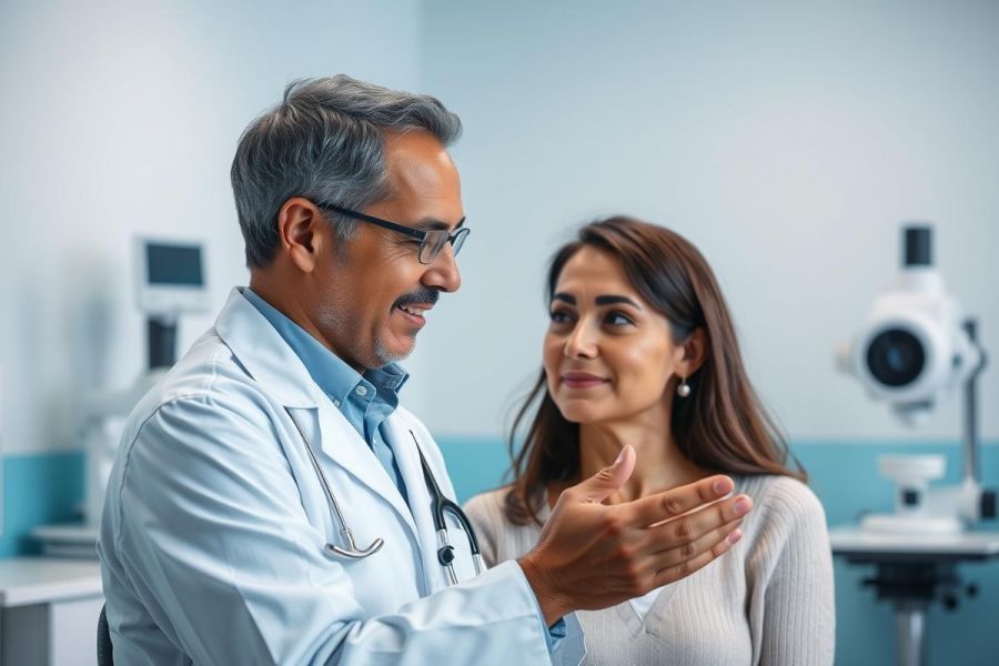 Doctor consults with a patient in a bright, modern medical clinic. The image features a smiling male doctor in a white coat talking to a female patient. Blue and white tones dominate the scene, creating a professional and reassuring atmosphere. Healthcare, consultation, and patient care are key themes.