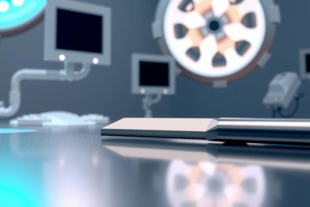 Surgical operating room scene with bright overhead lights and medical equipment. Blue and silver tones dominate the sterile environment, creating a professional and clinical atmosphere.