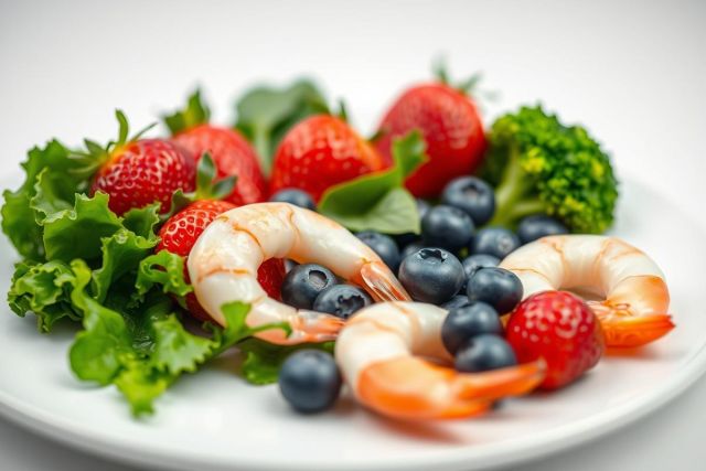 Healthy salad featuring fresh strawberries, blueberries, broccoli, lettuce, and cooked shrimp on a white plate. Vibrant red, green, and blue colors highlight a nutritious and delicious meal. Food photography, healthy eating, seafood salad.
