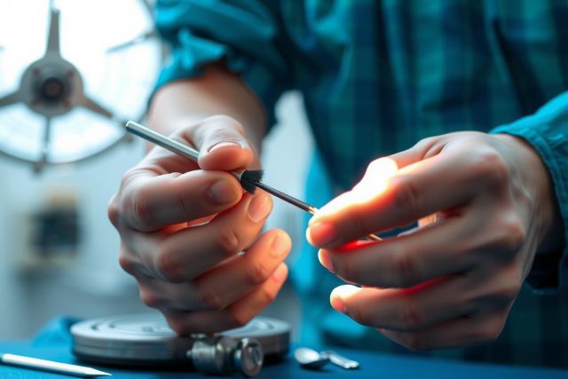 Close-up of hands using tweezers to manipulate small parts, likely for watch or jewelry repair. Blue background with tools and components. Precision work, craftsmanship, repair, detail.