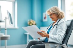 Mature female doctor in a bright blue office reviewing patient records. She wears glasses and a white coat with a stethoscope. Healthcare professional, medical office setting, focused on paperwork. Represents medical care and patient assessment.