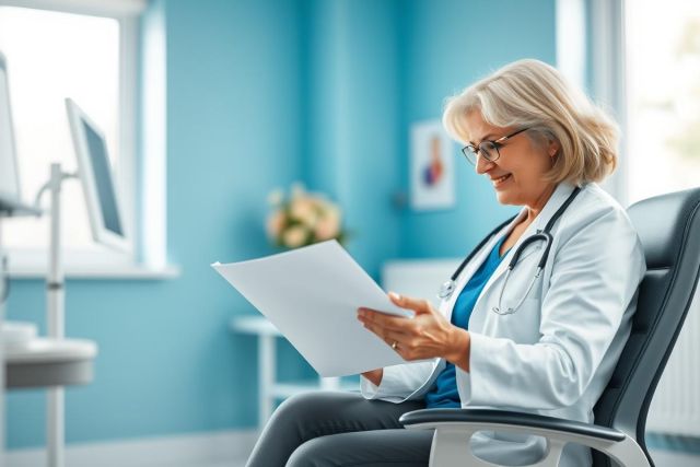 Mature female doctor in a bright blue office reviewing patient records. She wears glasses and a white coat with a stethoscope. Healthcare professional, medical office setting, focused on paperwork. Represents medical care and patient assessment.