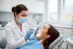 Dentist examining a patient's teeth with a mirror and probe, assessing biting pain during a dental visit.