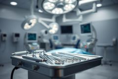 Surgical instruments neatly arranged on a stainless steel tray in a modern operating room. Bright, sterile lighting illuminates the scene with a cool blue tone. Focus is on the instruments, with blurred medical equipment and monitors in the background, conveying a clinical and professional environment.