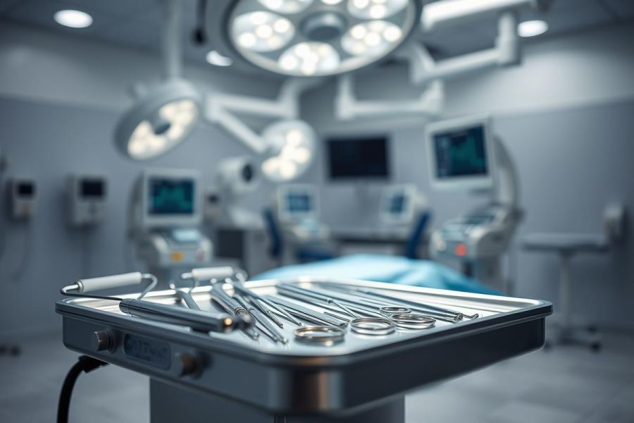 Surgical instruments neatly arranged on a stainless steel tray in a modern operating room. Bright, sterile lighting illuminates the scene with a cool blue tone. Focus is on the instruments, with blurred medical equipment and monitors in the background, conveying a clinical and professional environment.