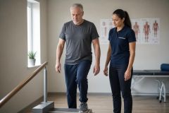 Older patient performing step exercise in a physical therapy clinic with therapist guidance.