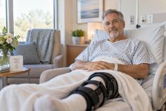 Elderly male patient resting in hospital bed with knee brace during post‑operative recovery.