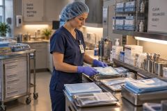 Healthcare worker preparing sterilized instrument packs in a clean prep room, focused and professional.