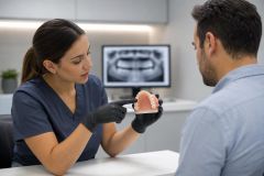 Dentist explaining a dental model to a patient in a clinical exam room with X-ray display.