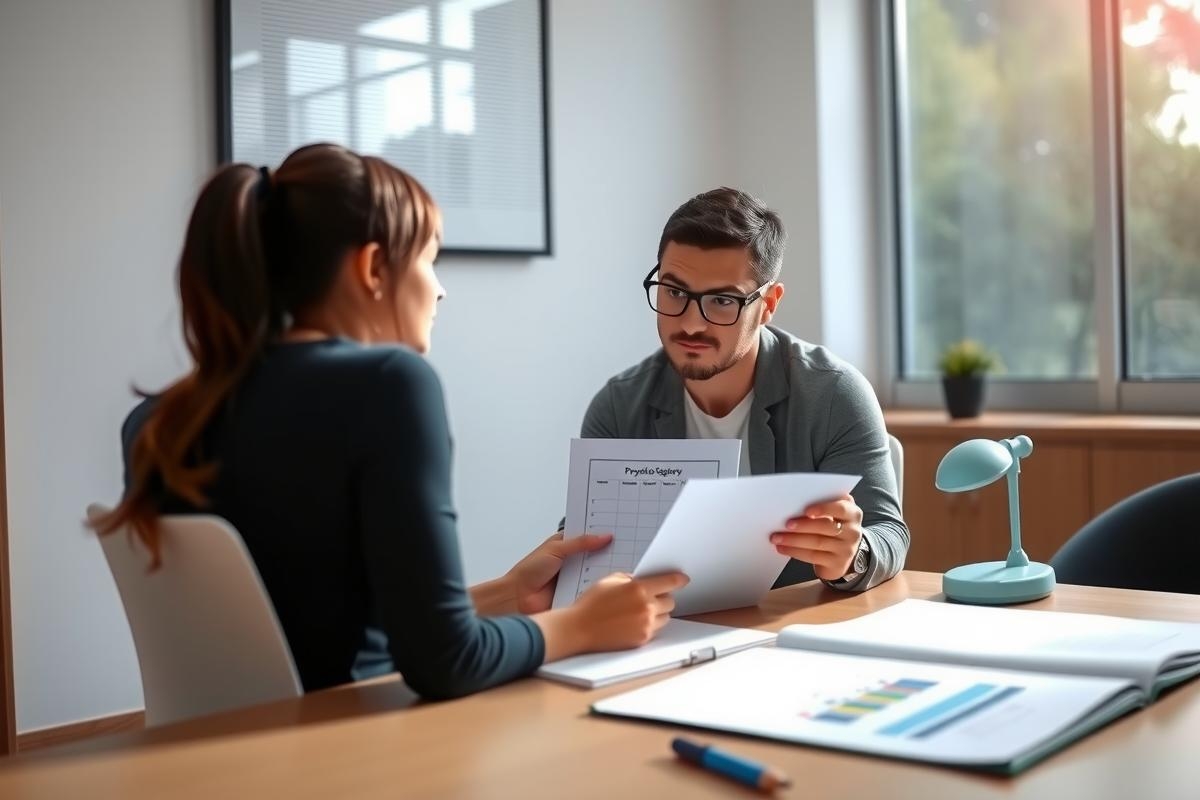 A man and woman are in a professional office setting. The man is sitting at a desk with documents, while the woman stands beside him holding papers.