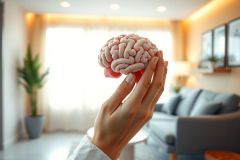 Close-up of a hand holding a pink human brain model in a bright, modern living room setting. Focus on neuroscience, education, or anatomy. Features a clean, minimalist aesthetic.