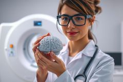 A female doctor in a white coat holds a brain model in front of a medical scanner, likely representing neurology, medical education, or neuroscience. The image has a professional, clinical feel.
